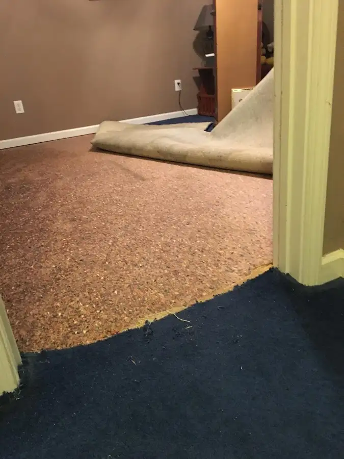 Carpet pad removal revealing water damage during Water Mitigation Services in Pennsville